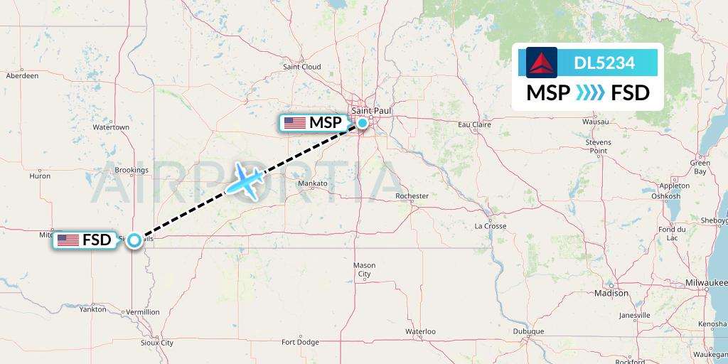 DL5234 Delta Air Lines Flight Map: Minneapolis to Sioux Falls