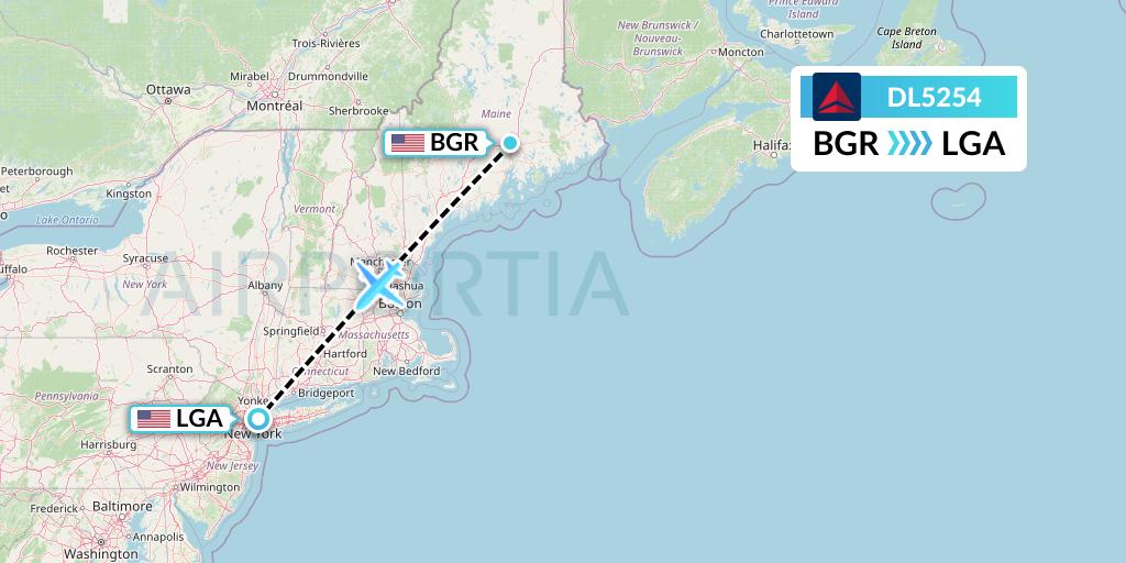 DL5254 Delta Air Lines Flight Map: Bangor to New York