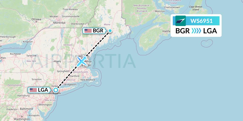 WS6951 WestJet Flight Map: Bangor to New York
