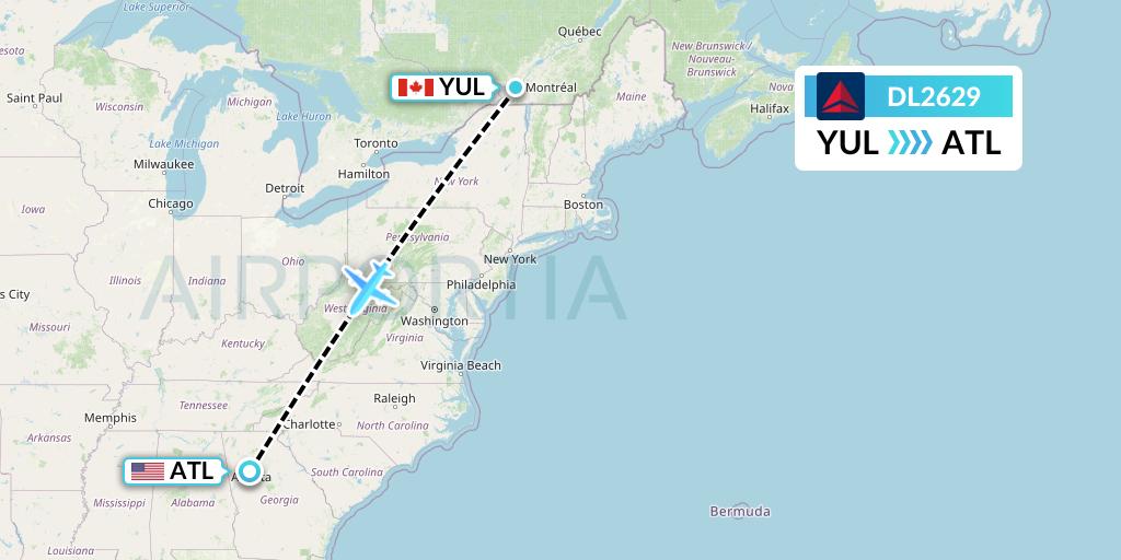 DL2629 Delta Air Lines Flight Map: Montreal to Atlanta