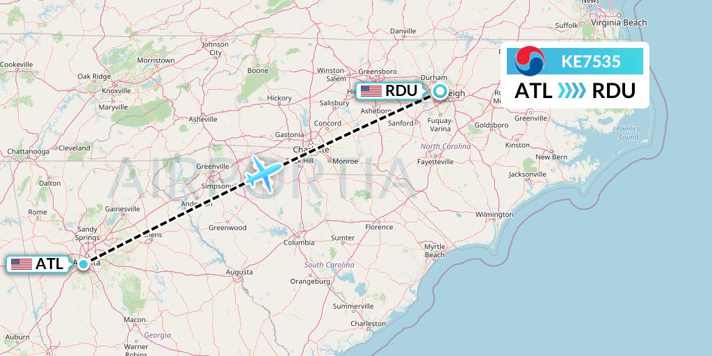KE7535 Korean Air Flight Map: Atlanta to Raleigh-Durham