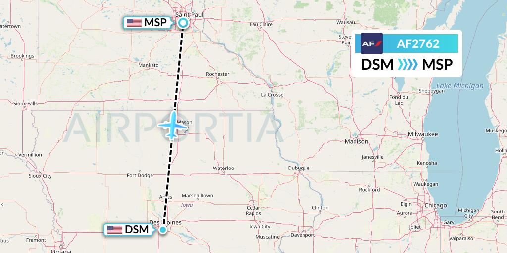 AF2762 Air France Flight Map: Des Moines to Minneapolis