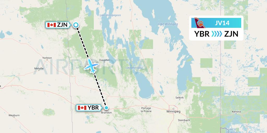 JV14 Bearskin Airlines Flight Map: Brandon to Swan River