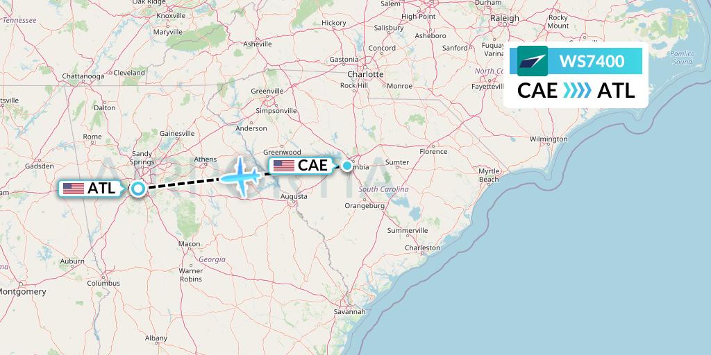 WS7400 WestJet Flight Map: Columbia to Atlanta