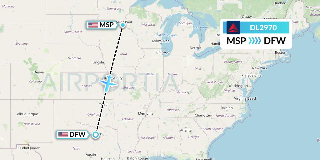 DL2970 Delta Air Lines Flight Map: Minneapolis to Dallas