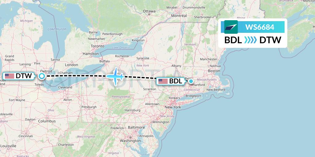 WS6684 WestJet Flight Map: Windsor Locks to Detroit
