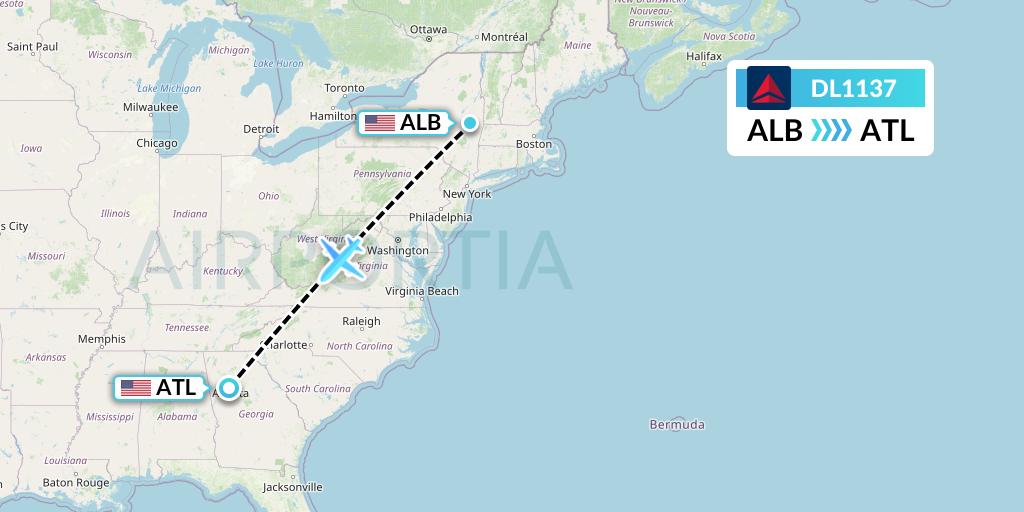 DL1137 Delta Air Lines Flight Map: Albany to Atlanta