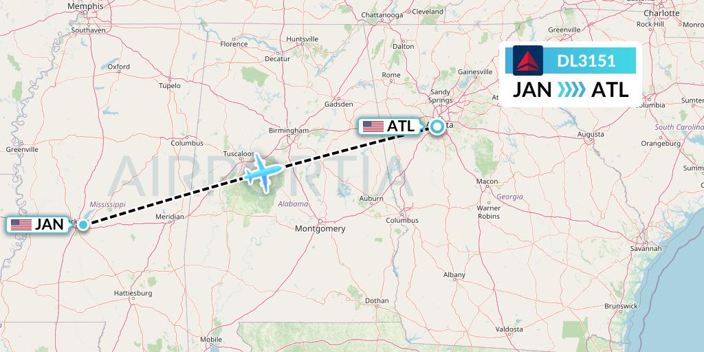 DL3151 Delta Air Lines Flight Map: Jackson to Atlanta