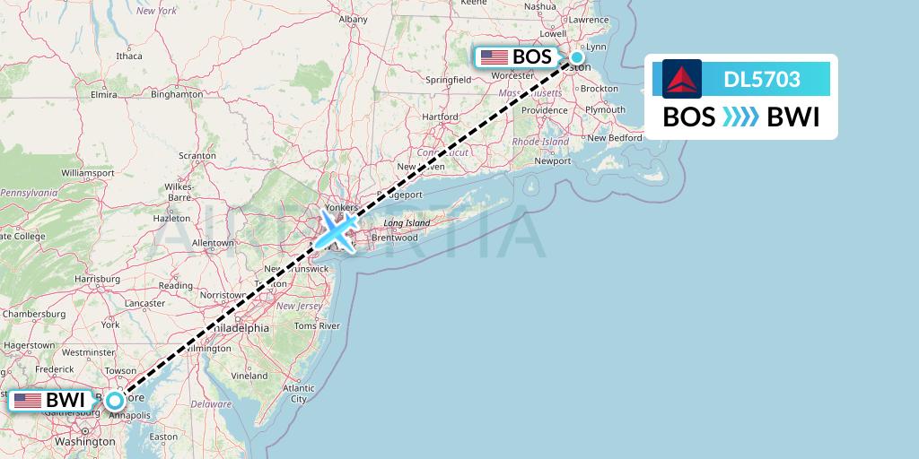 DL5703 Delta Air Lines Flight Map: Boston to Baltimore