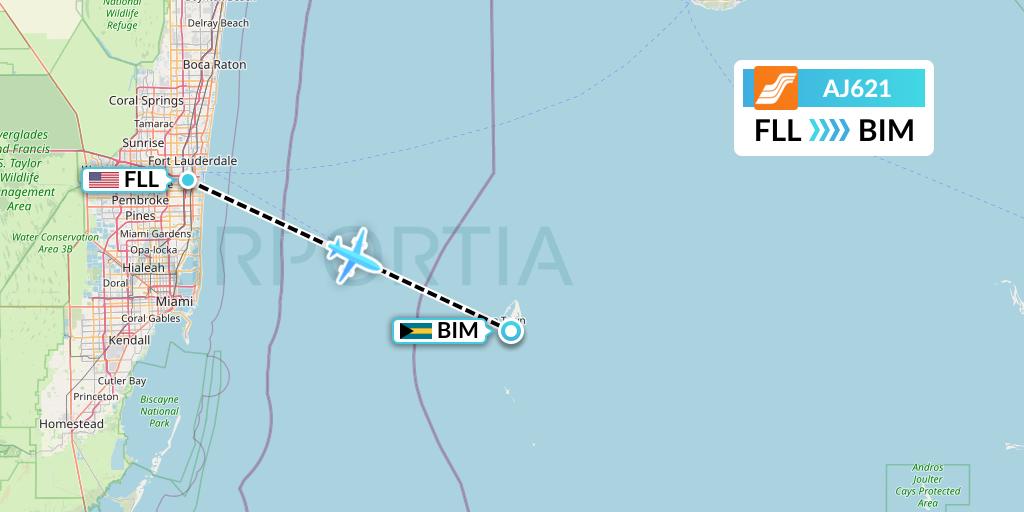 AJ621 Aztec Airways Flight Map: Fort Lauderdale to South Bimini