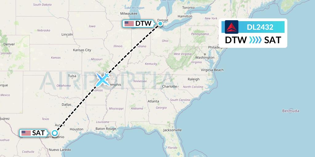 DL2432 Delta Air Lines Flight Map: Detroit to San Antonio