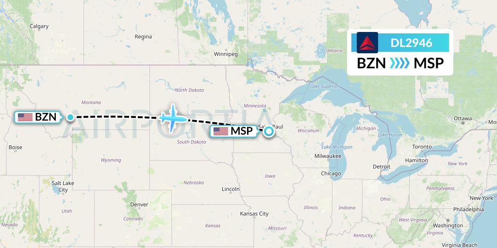 DL2946 Delta Air Lines Flight Map: Bozeman to Minneapolis
