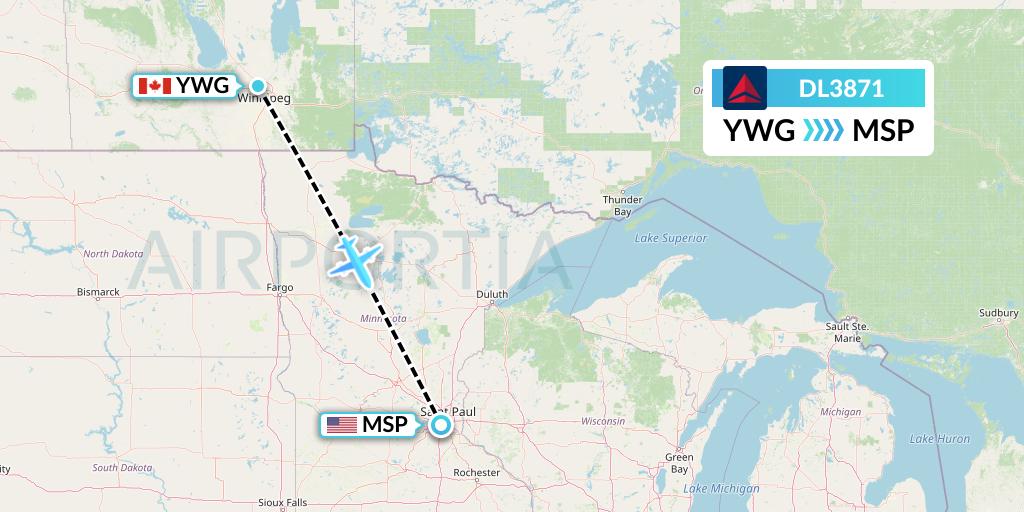 DL3871 Delta Air Lines Flight Map: Winnipeg to Minneapolis
