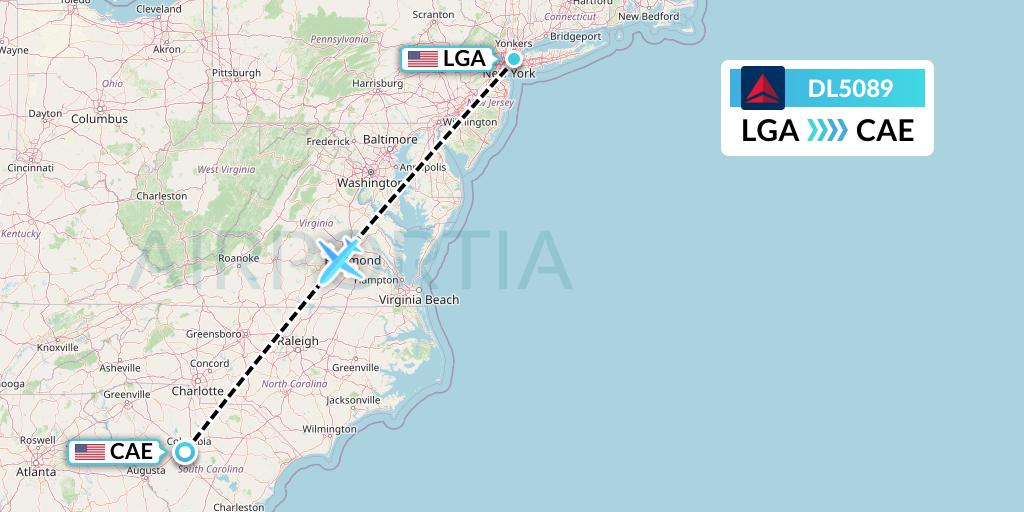 DL5089 Delta Air Lines Flight Map: New York to Columbia