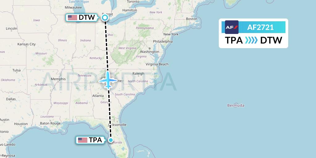 AF2721 Air France Flight Map: Tampa to Detroit