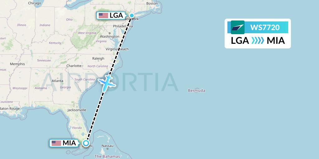 WS7720 WestJet Flight Map: New York to Miami