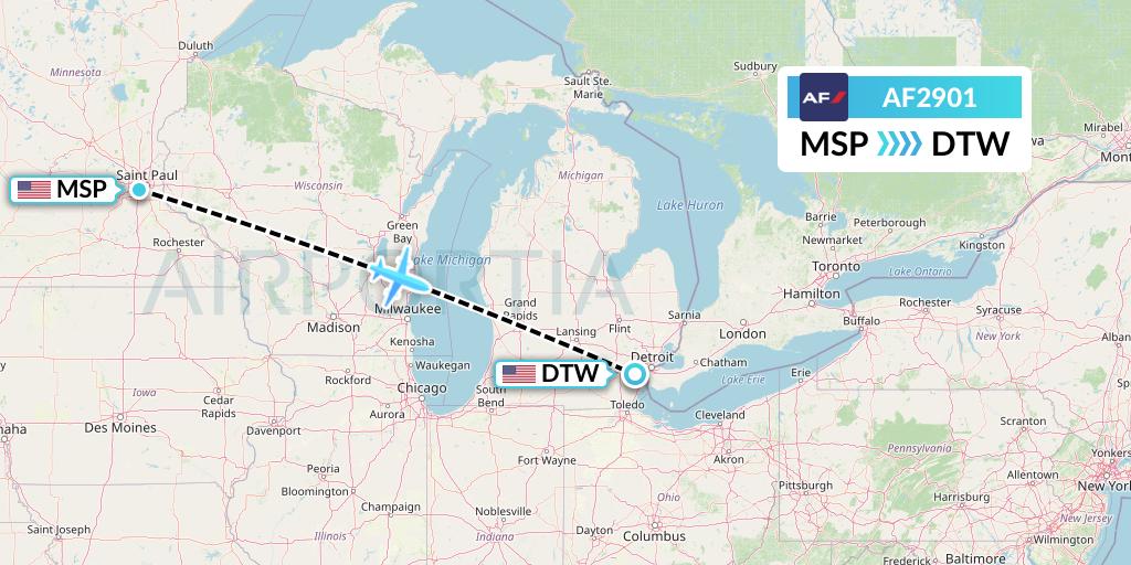 AF2901 Air France Flight Map: Minneapolis to Detroit