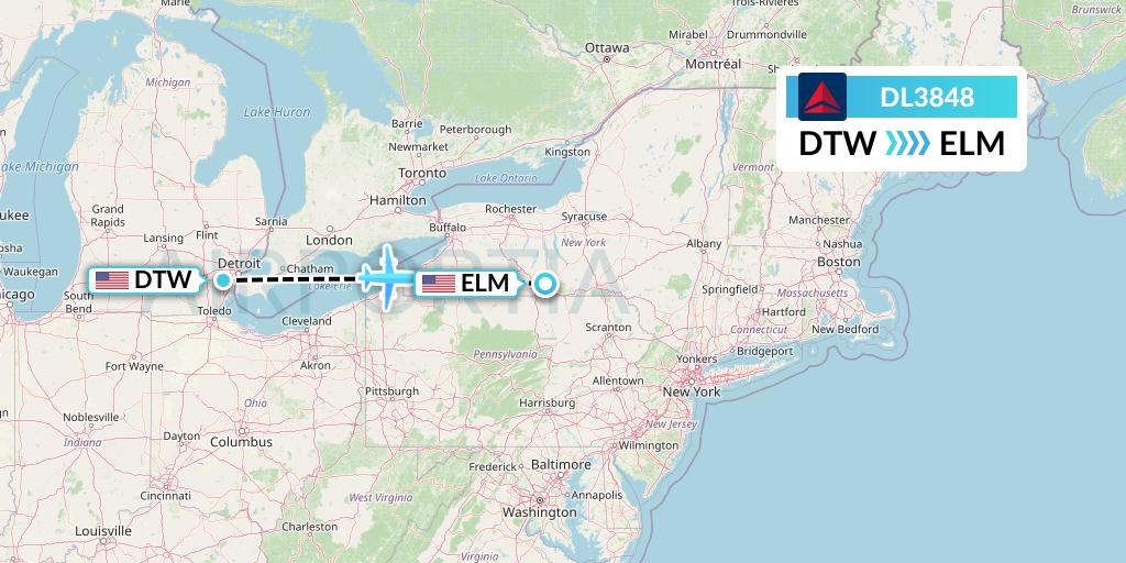 DL3848 Delta Air Lines Flight Map: Detroit to Elmira