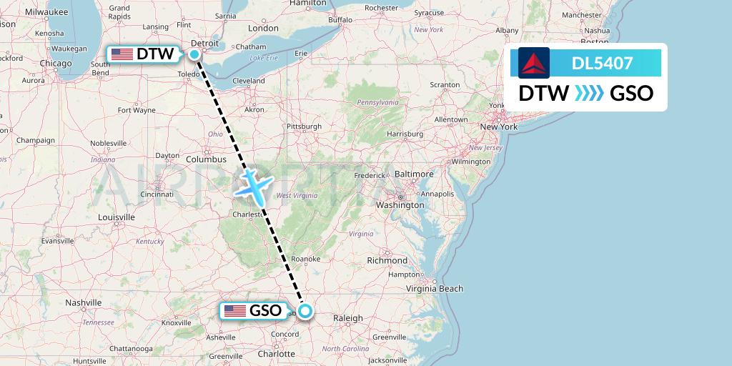 DL5407 Delta Air Lines Flight Map: Detroit to Greensboro