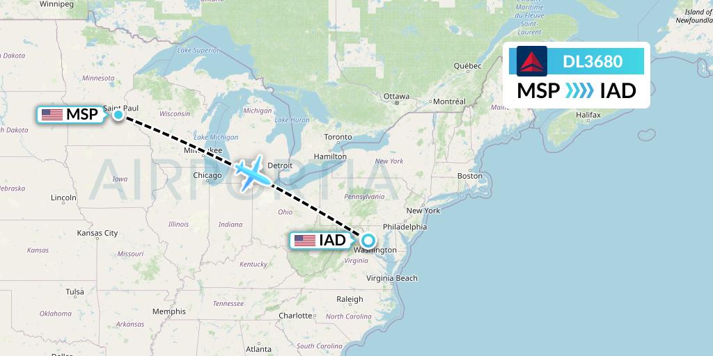 DL3680 Delta Air Lines Flight Map: Minneapolis to Washington