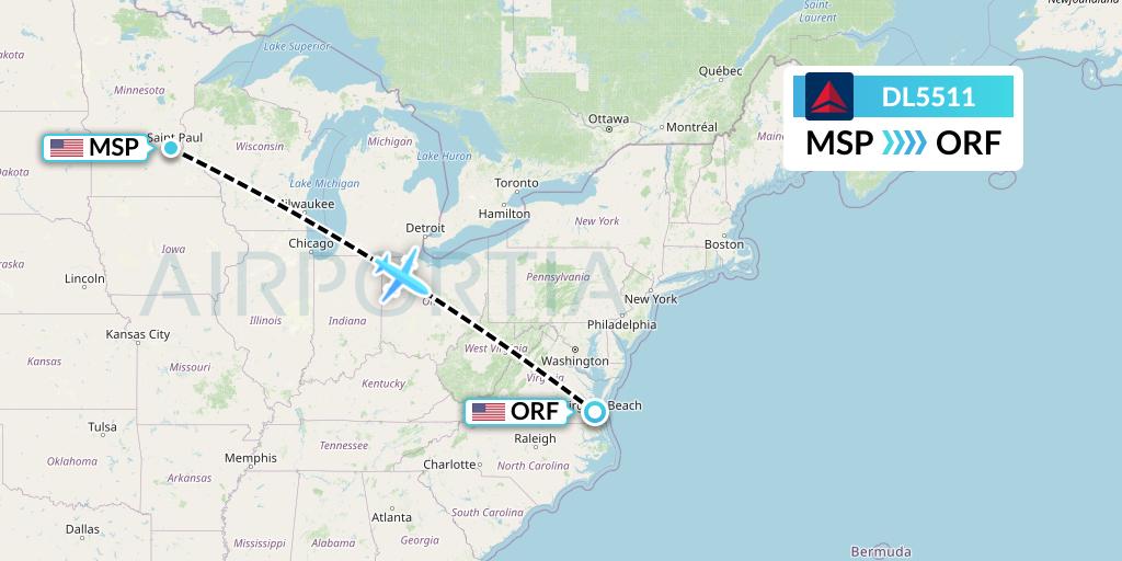 DL5511 Delta Air Lines Flight Map: Minneapolis to Norfolk