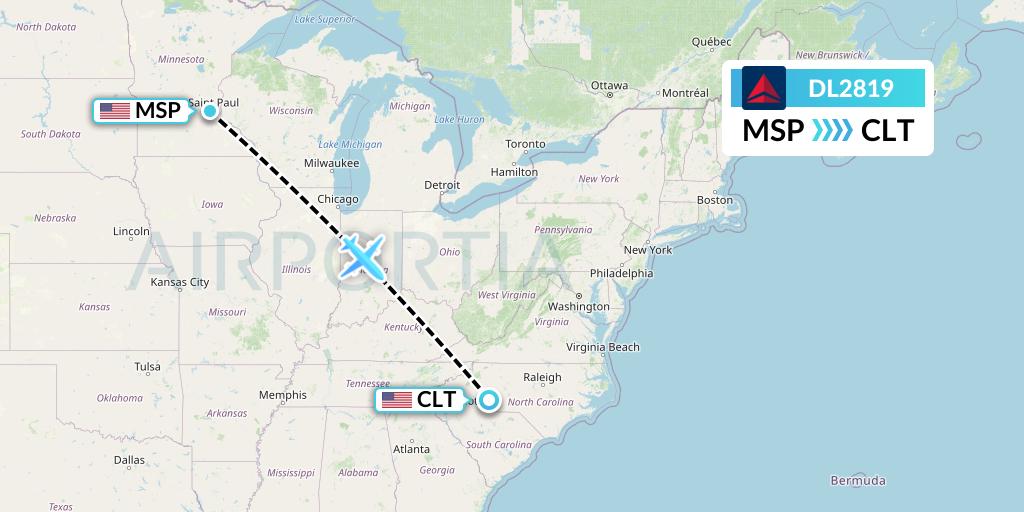 DL2819 Delta Air Lines Flight Map: Minneapolis to Charlotte