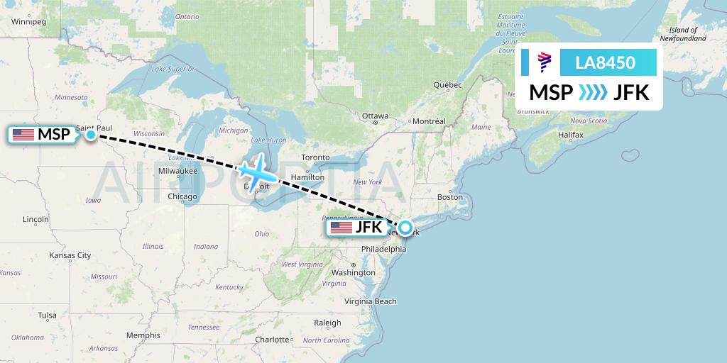 LA8450 LAN Airlines Flight Map: Minneapolis to New York