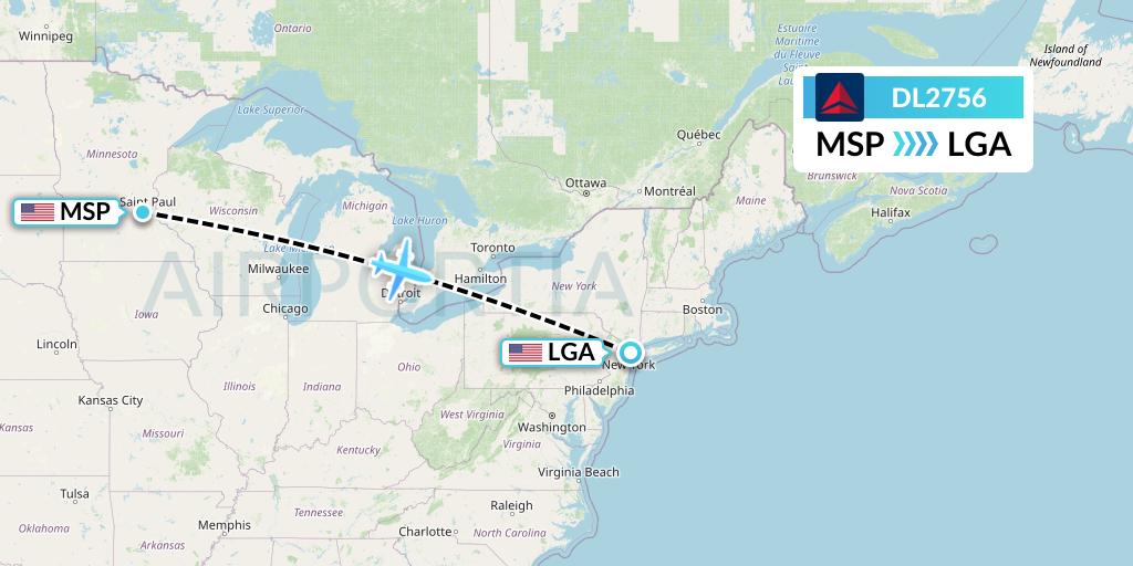 DL2756 Delta Air Lines Flight Map: Minneapolis to New York