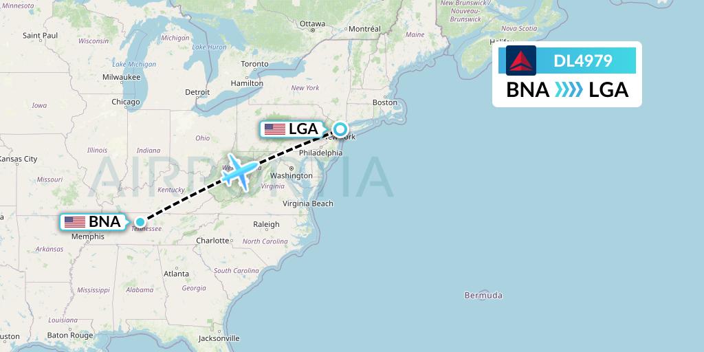 DL4979 Delta Air Lines Flight Map: Nashville to New York