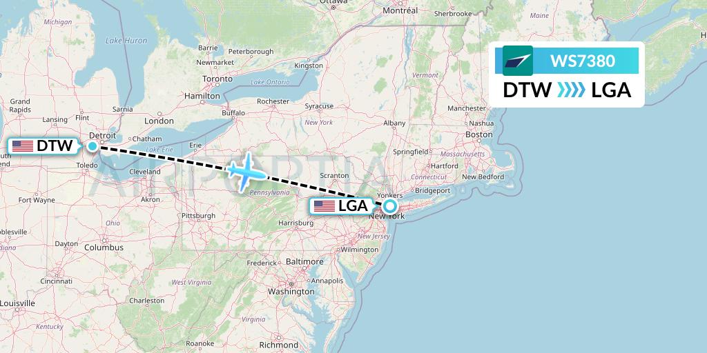 WS7380 WestJet Flight Map: Detroit to New York