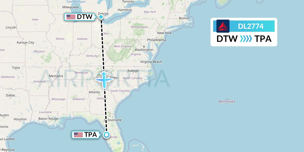 DL2774 Delta Air Lines Flight Map: Detroit to Tampa