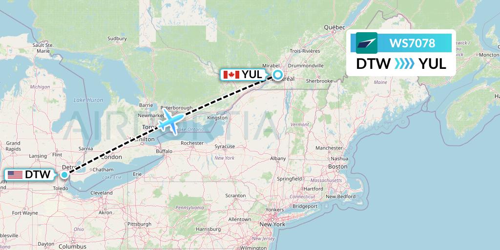 WS7078 WestJet Flight Map: Detroit to Montreal