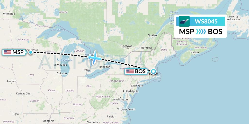 WS8045 WestJet Flight Map: Minneapolis to Boston