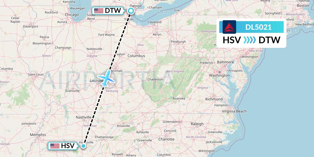 DL5021 Delta Air Lines Flight Map: Huntsville to Detroit