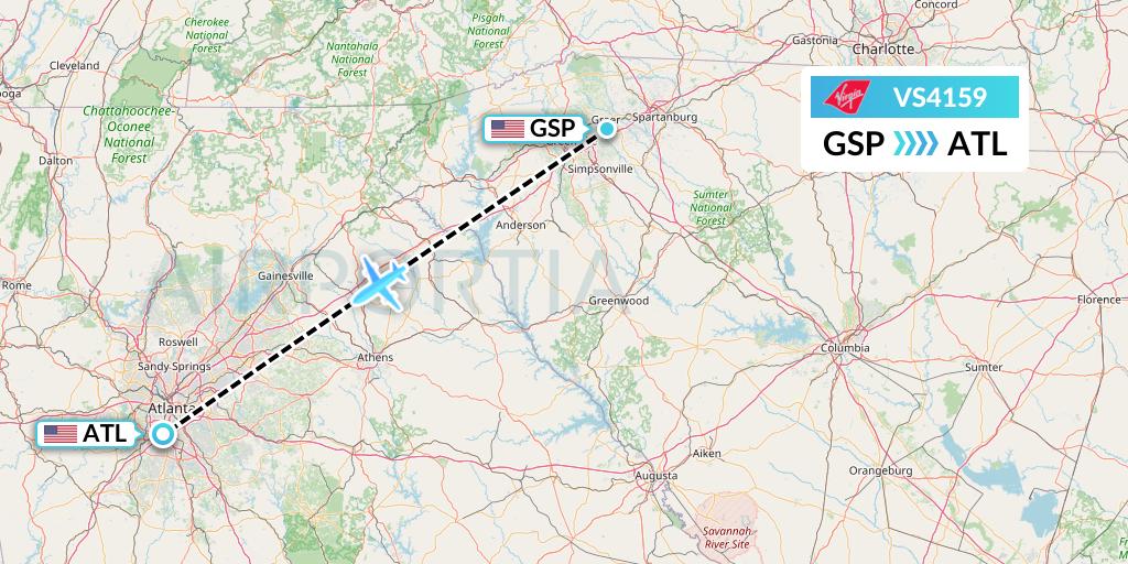 VS4159 Virgin Atlantic Airways Flight Map: Greenville-Spartanburg to Atlanta