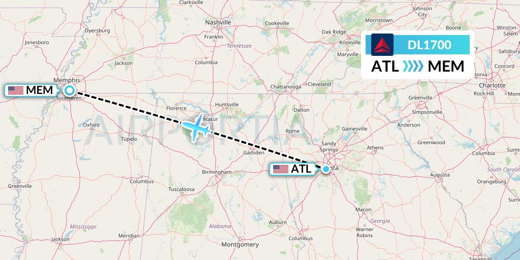 DL1700 Delta Air Lines Flight Map: Atlanta to Memphis