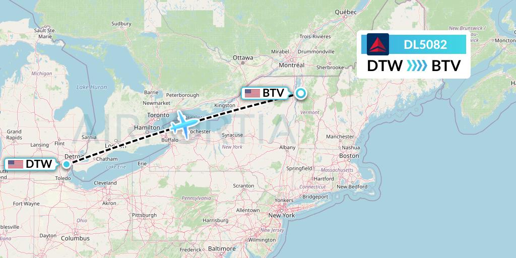 DL5082 Delta Air Lines Flight Map: Detroit to Burlington
