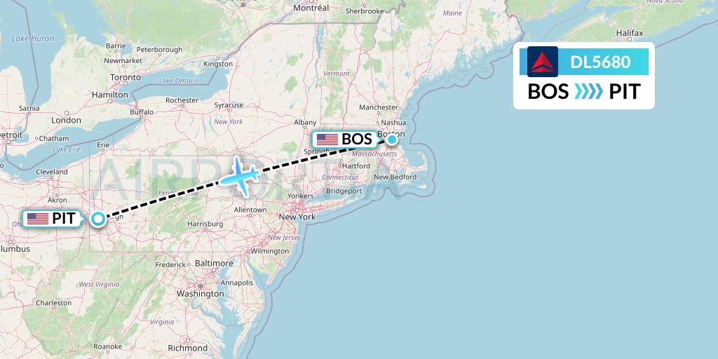 DL5680 Delta Air Lines Flight Map: Boston to Pittsburgh