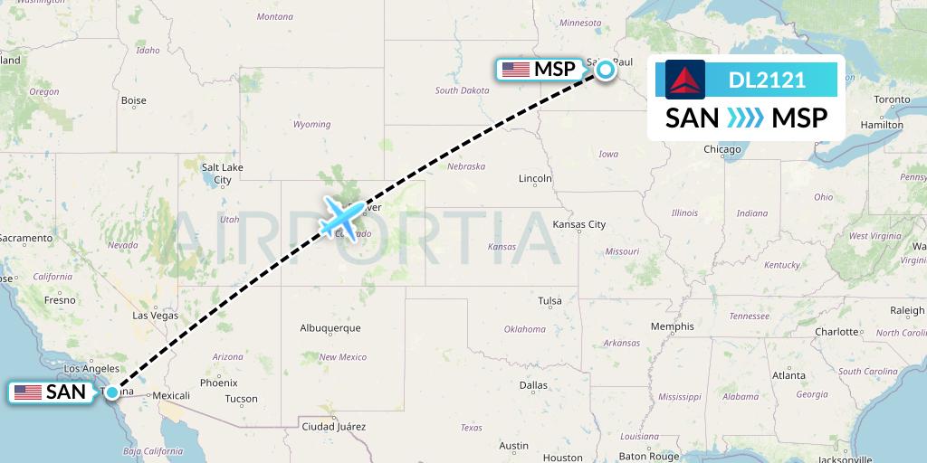 DL2121 Delta Air Lines Flight Map: San Diego to Minneapolis