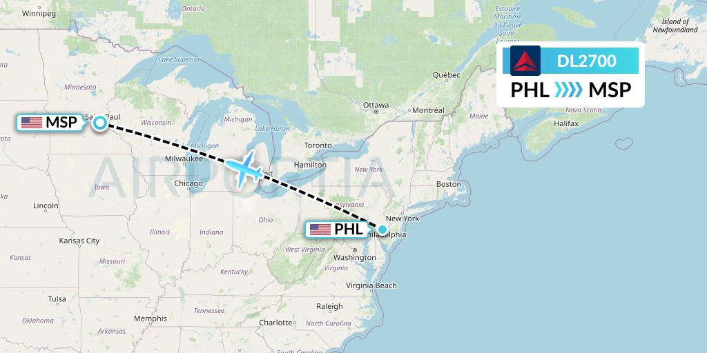 DL2700 Delta Air Lines Flight Map: Philadelphia to Minneapolis