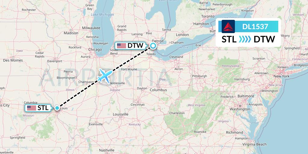 DL1537 Delta Air Lines Flight Map: St. Louis to Detroit