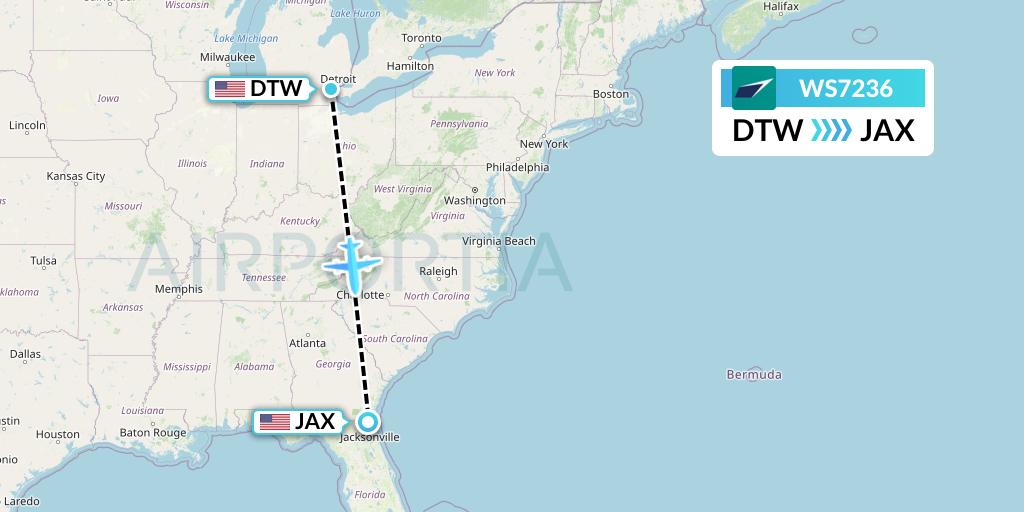 WS7236 WestJet Flight Map: Detroit to Jacksonville
