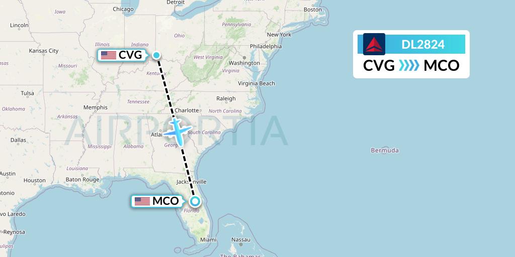 DL2824 Delta Air Lines Flight Map: Cincinnati to Orlando