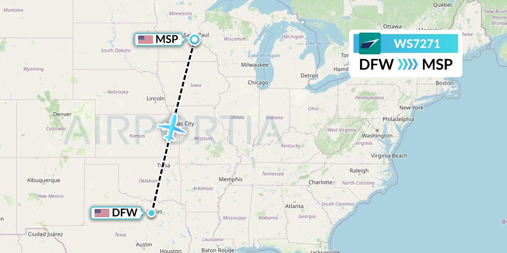WS7271 WestJet Flight Map: Dallas to Minneapolis