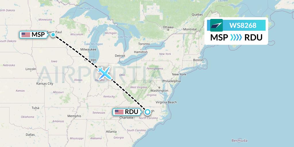WS8268 WestJet Flight Map: Minneapolis to Raleigh-Durham
