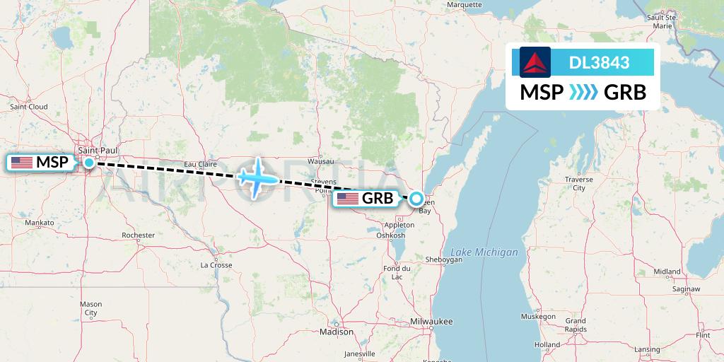 DL3843 Delta Air Lines Flight Map: Minneapolis to Green Bay