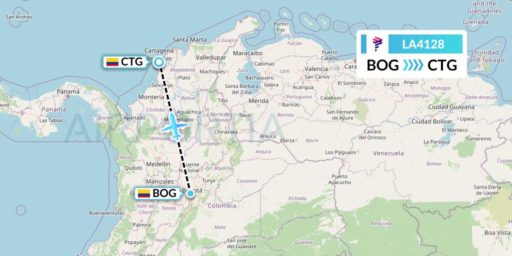 LA4128 LAN Airlines Flight Map: Bogota to Cartagena