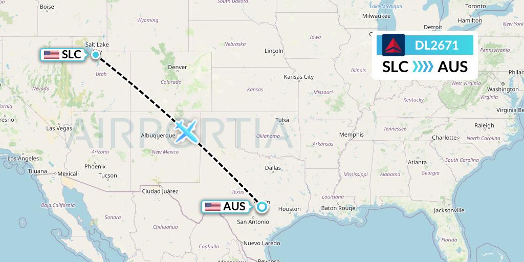 DL2671 Delta Air Lines Flight Map: Salt Lake City to Austin
