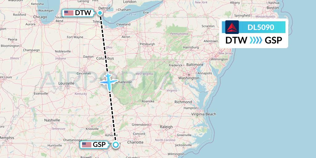 DL5090 Delta Air Lines Flight Map: Detroit to Greenville-Spartanburg