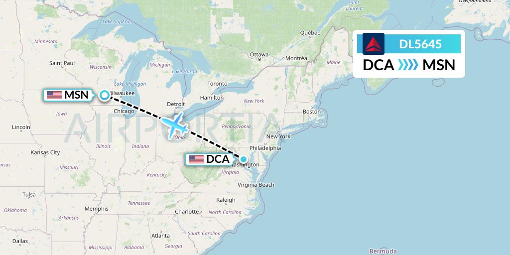 DL5645 Delta Air Lines Flight Map: Washington to Madison